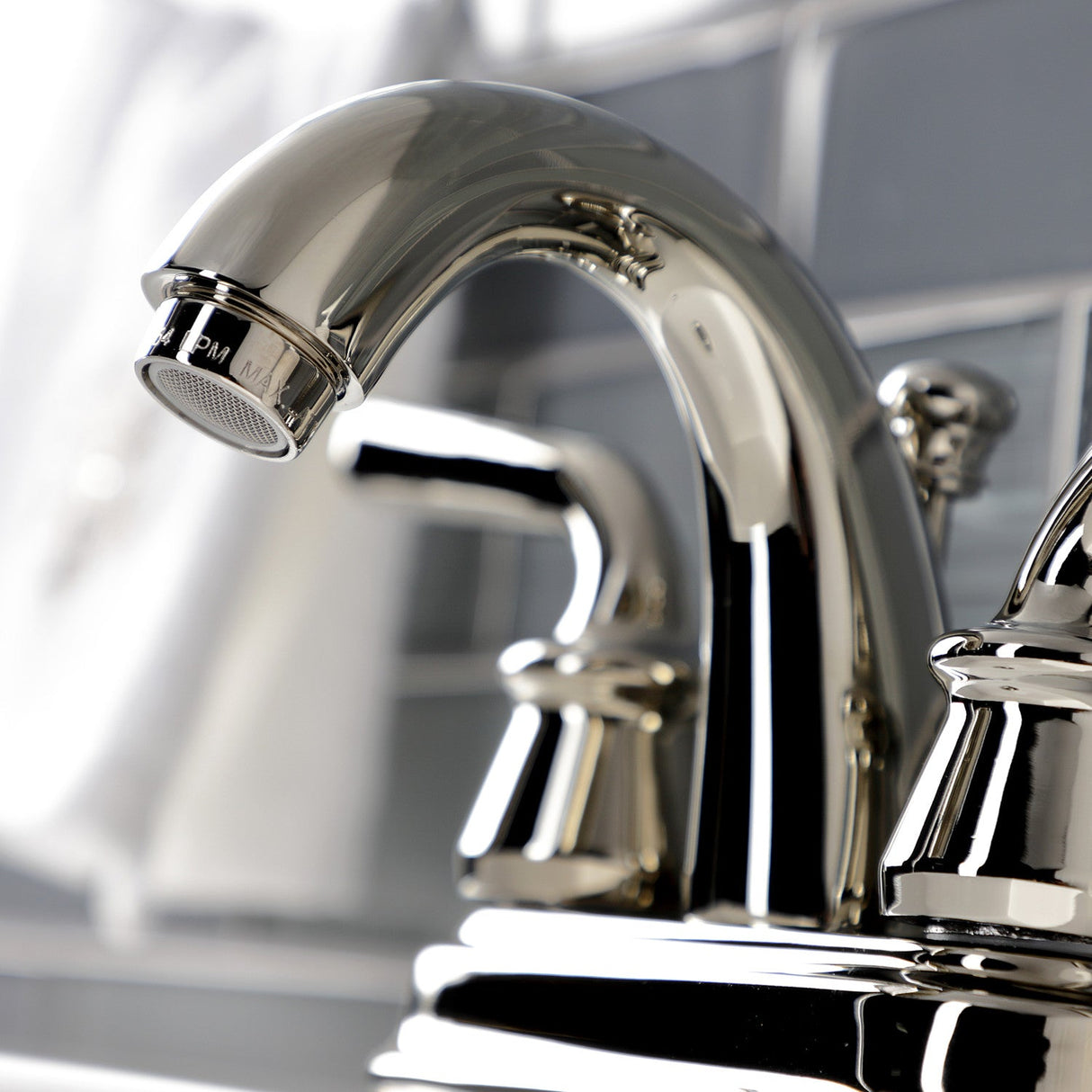 Restoration KB5616RXL Two-Handle 3-Hole Deck Mount 4" Centerset Bathroom Faucet with Plastic Pop-Up, Polished Nickel