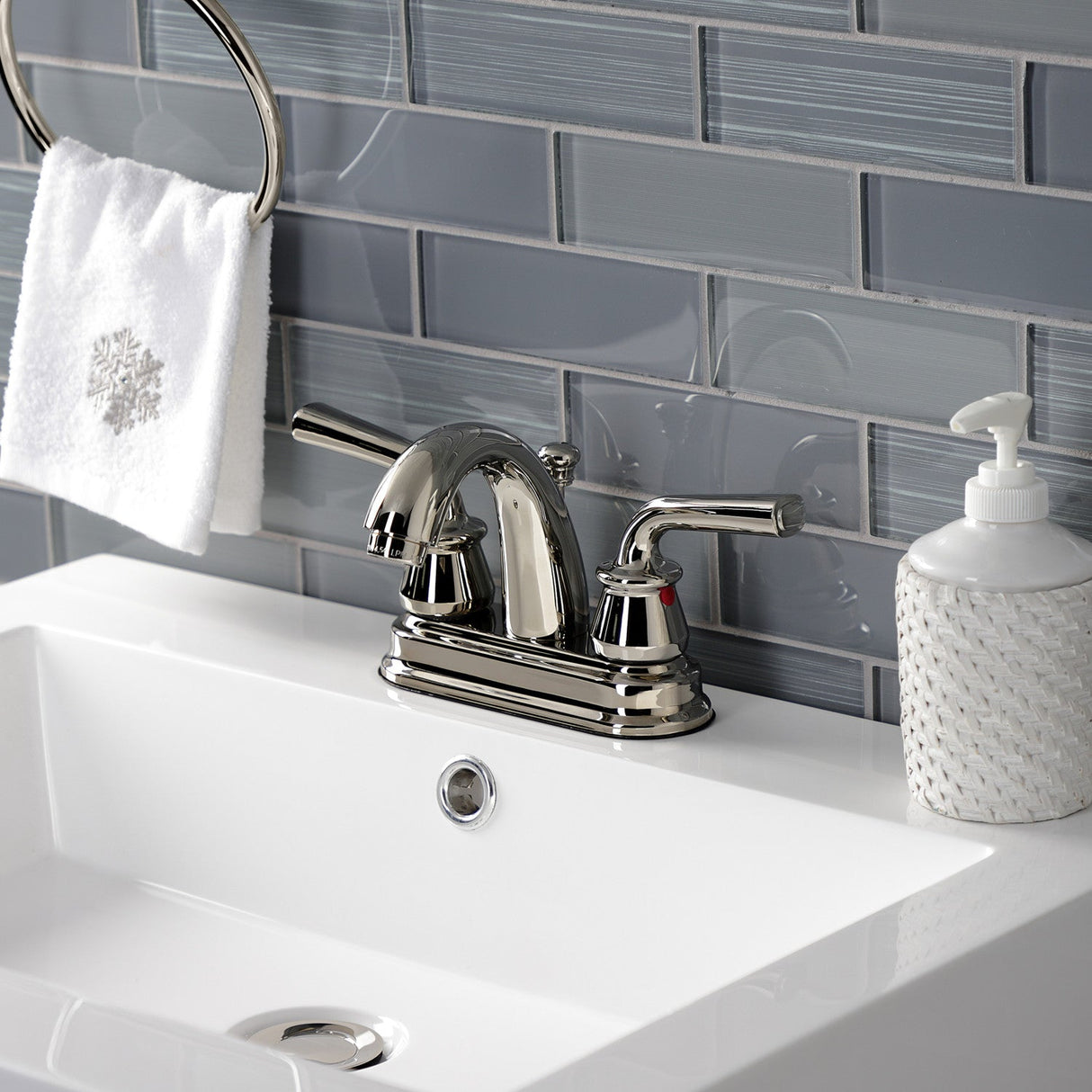 Restoration KB5616RXL Two-Handle 3-Hole Deck Mount 4" Centerset Bathroom Faucet with Plastic Pop-Up, Polished Nickel