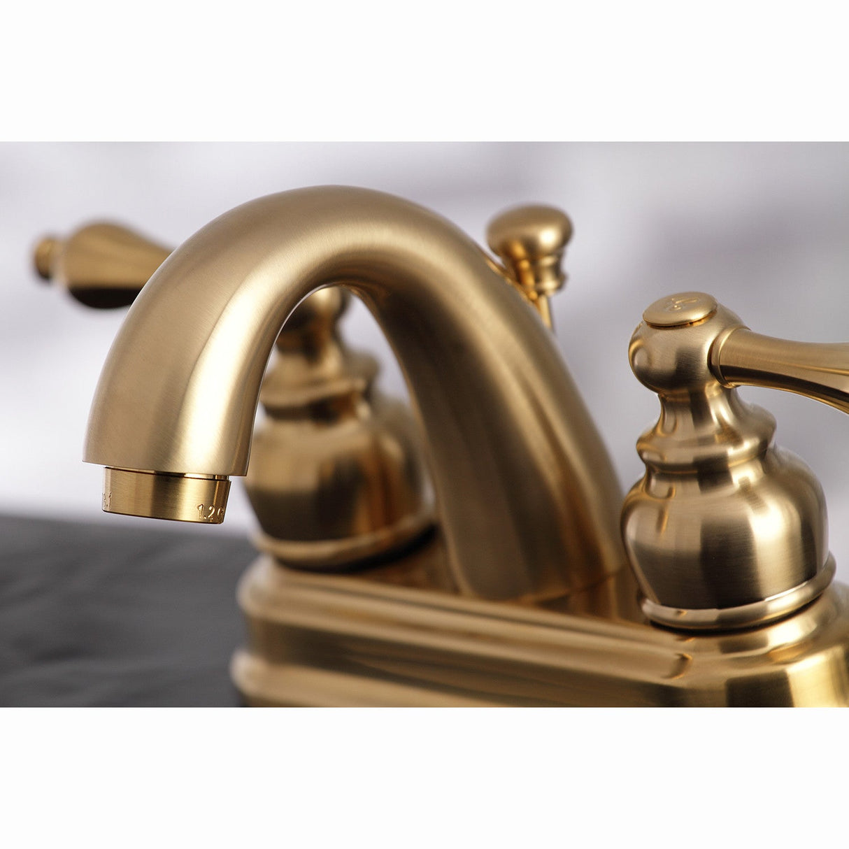 Restoration KB5617AL Two-Handle 3-Hole Deck Mount 4" Centerset Bathroom Faucet with Plastic Pop-Up, Brushed Brass