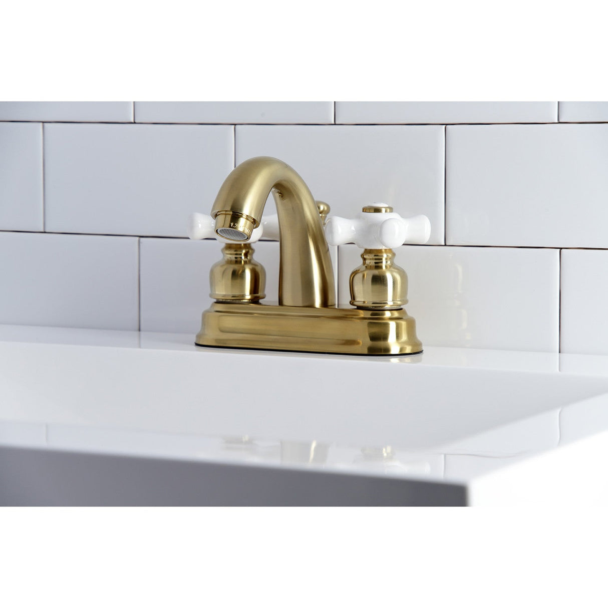 Restoration KB5617PX Two-Handle 3-Hole Deck Mount 4" Centerset Bathroom Faucet with Plastic Pop-Up, Brushed Brass