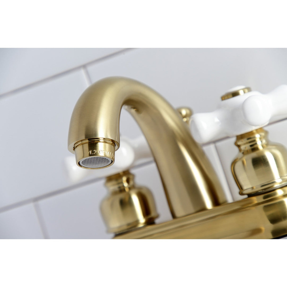 Restoration KB5617PX Two-Handle 3-Hole Deck Mount 4" Centerset Bathroom Faucet with Plastic Pop-Up, Brushed Brass