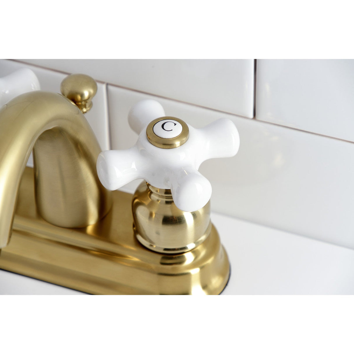 Restoration KB5617PX Two-Handle 3-Hole Deck Mount 4" Centerset Bathroom Faucet with Plastic Pop-Up, Brushed Brass