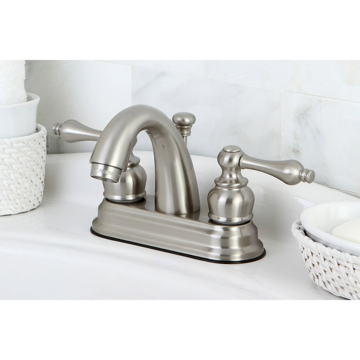 Restoration KB5618AL Two-Handle 3-Hole Deck Mount 4" Centerset Bathroom Faucet with Plastic Pop-Up, Brushed Nickel
