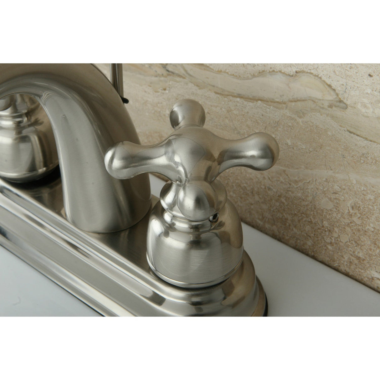 Restoration KB5618AX Two-Handle 3-Hole Deck Mount 4" Centerset Bathroom Faucet with Plastic Pop-Up, Brushed Nickel