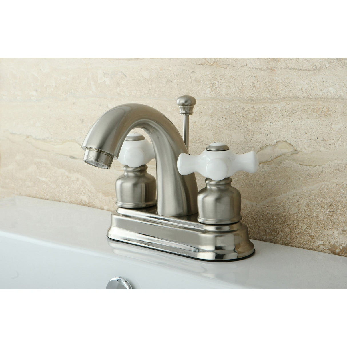 Restoration KB5618PX Two-Handle 3-Hole Deck Mount 4" Centerset Bathroom Faucet with Plastic Pop-Up, Brushed Nickel