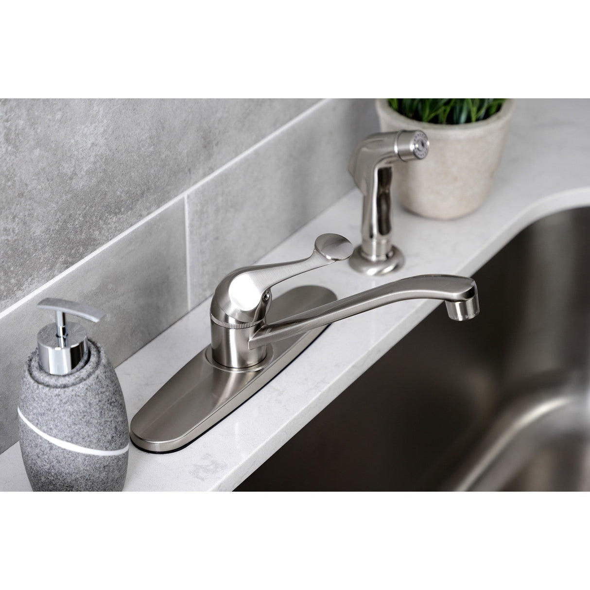 KB572SNSP Single-Handle 2-or-4 Hole Deck Mount 8" Centerset Kitchen Faucet with Side Sprayer, Brushed Nickel