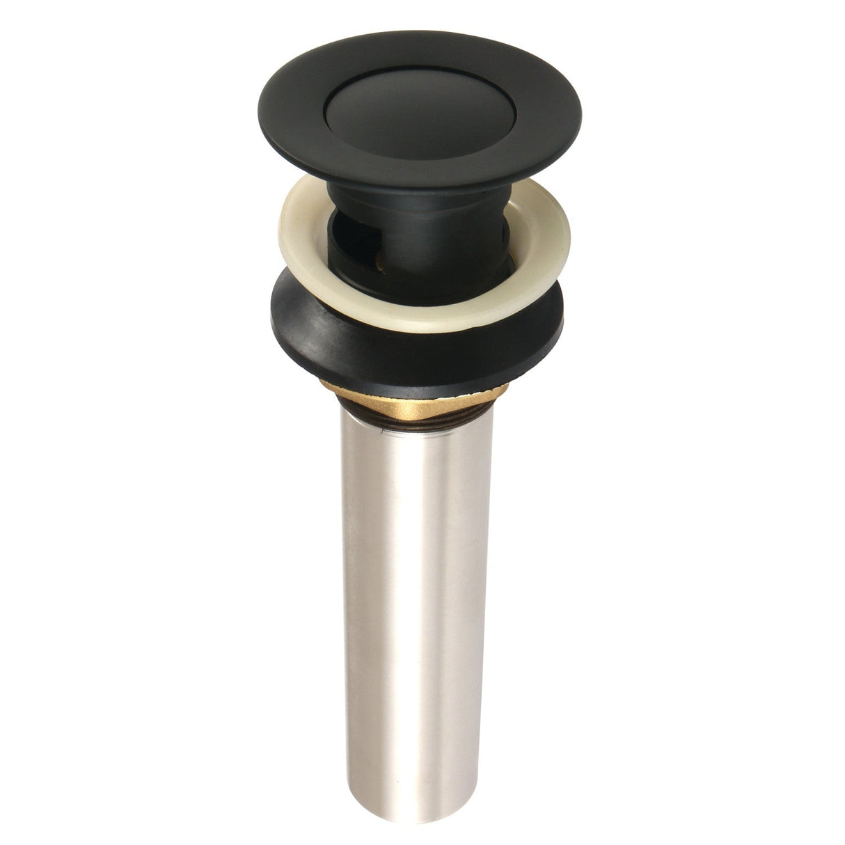 Complement KB6000 Brass Push Pop-Up Bathroom Sink Drain with Overflow, Matte Black