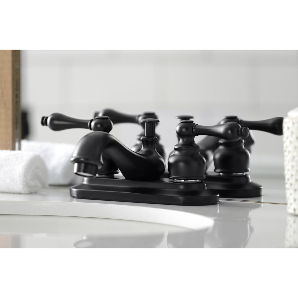 Restoration KB600AL Two-Handle 3-Hole Deck Mount 4" Centerset Bathroom Faucet with Plastic Pop-Up, Matte Black