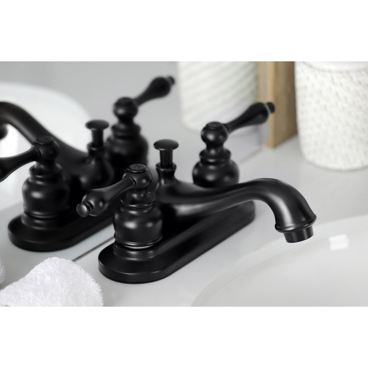 Restoration KB600AL Two-Handle 3-Hole Deck Mount 4" Centerset Bathroom Faucet with Plastic Pop-Up, Matte Black