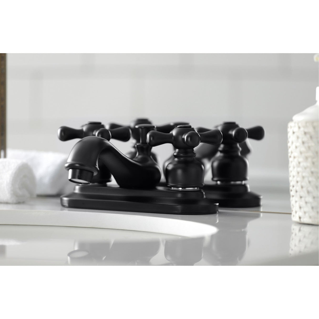 Restoration KB600AX Two-Handle 3-Hole Deck Mount 4" Centerset Bathroom Faucet with Plastic Pop-Up, Matte Black