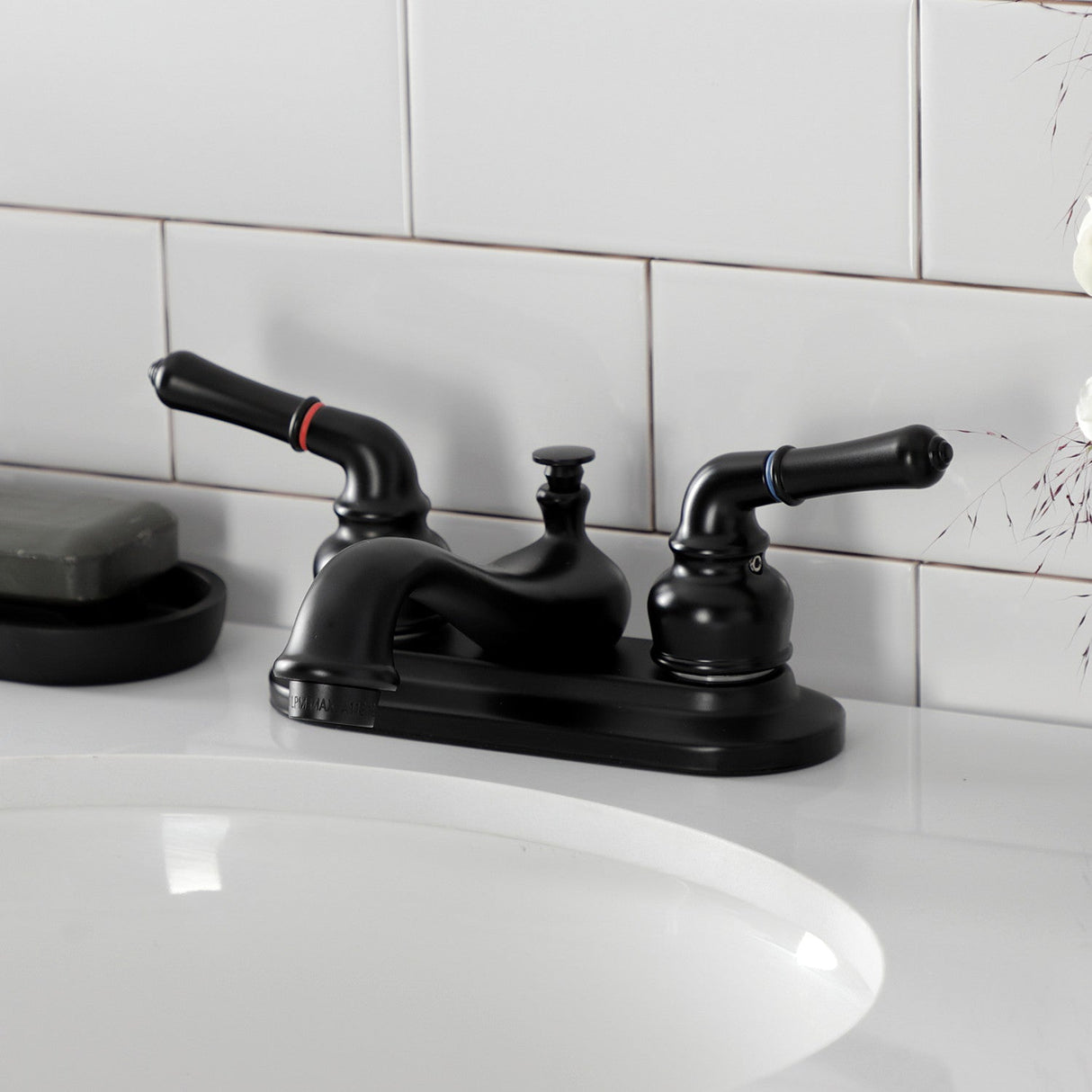 Restoration KB600NML Two-Handle 3-Hole Deck Mount 4" Centerset Bathroom Faucet with Plastic Pop-Up, Matte Black