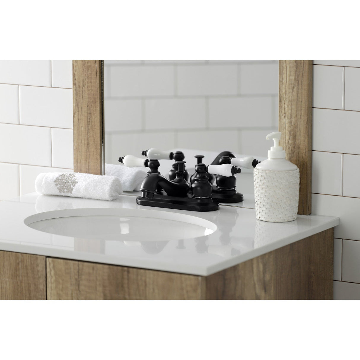 Restoration KB600PL Two-Handle 3-Hole Deck Mount 4" Centerset Bathroom Faucet with Plastic Pop-Up, Matte Black