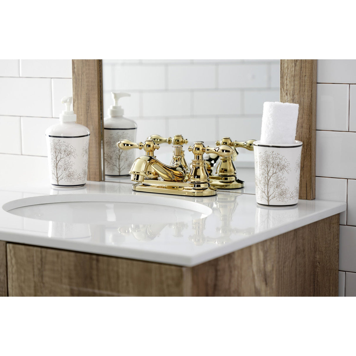 American Classic KB602ACL Two-Handle 3-Hole Deck Mount 4" Centerset Bathroom Faucet with Plastic Pop-Up, Polished Brass
