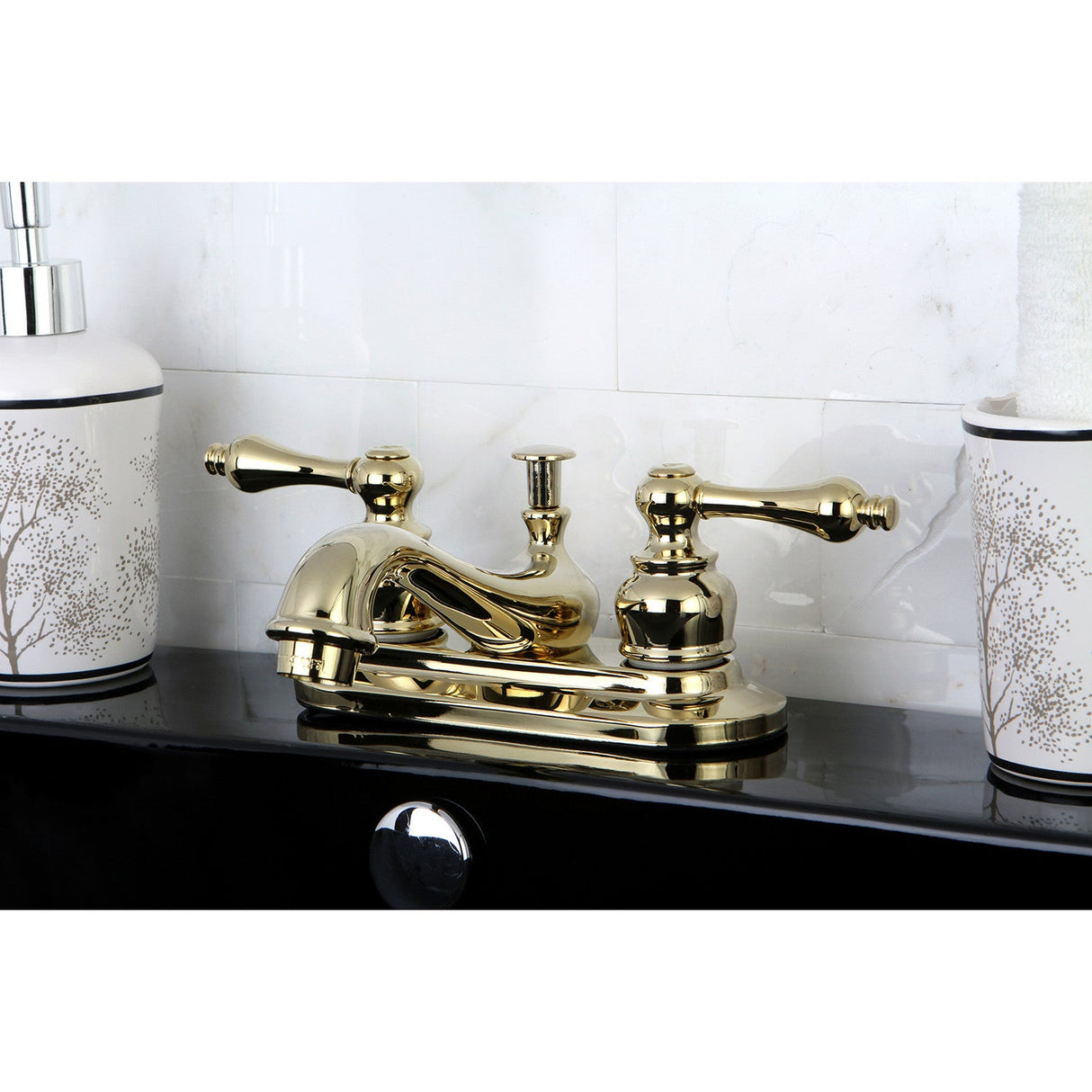 Restoration KB602ALB Two-Handle 3-Hole Deck Mount 4" Centerset Bathroom Faucet with Brass Pop-Up, Polished Brass