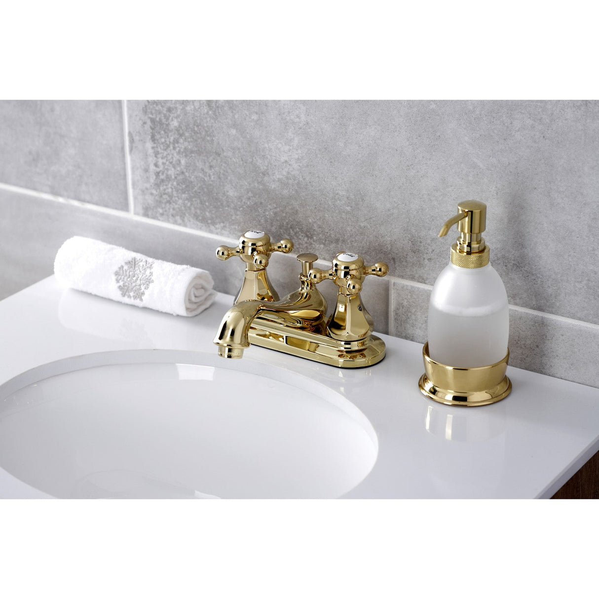 Metropolitan KB602BX Two-Handle 3-Hole Deck Mount 4" Centerset Bathroom Faucet with Plastic Pop-Up, Polished Brass