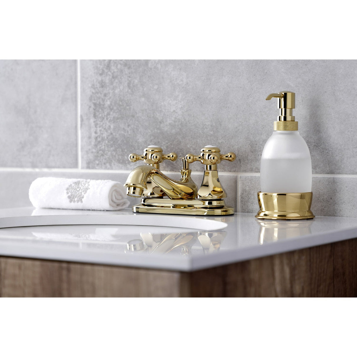 Metropolitan KB602BX Two-Handle 3-Hole Deck Mount 4" Centerset Bathroom Faucet with Plastic Pop-Up, Polished Brass