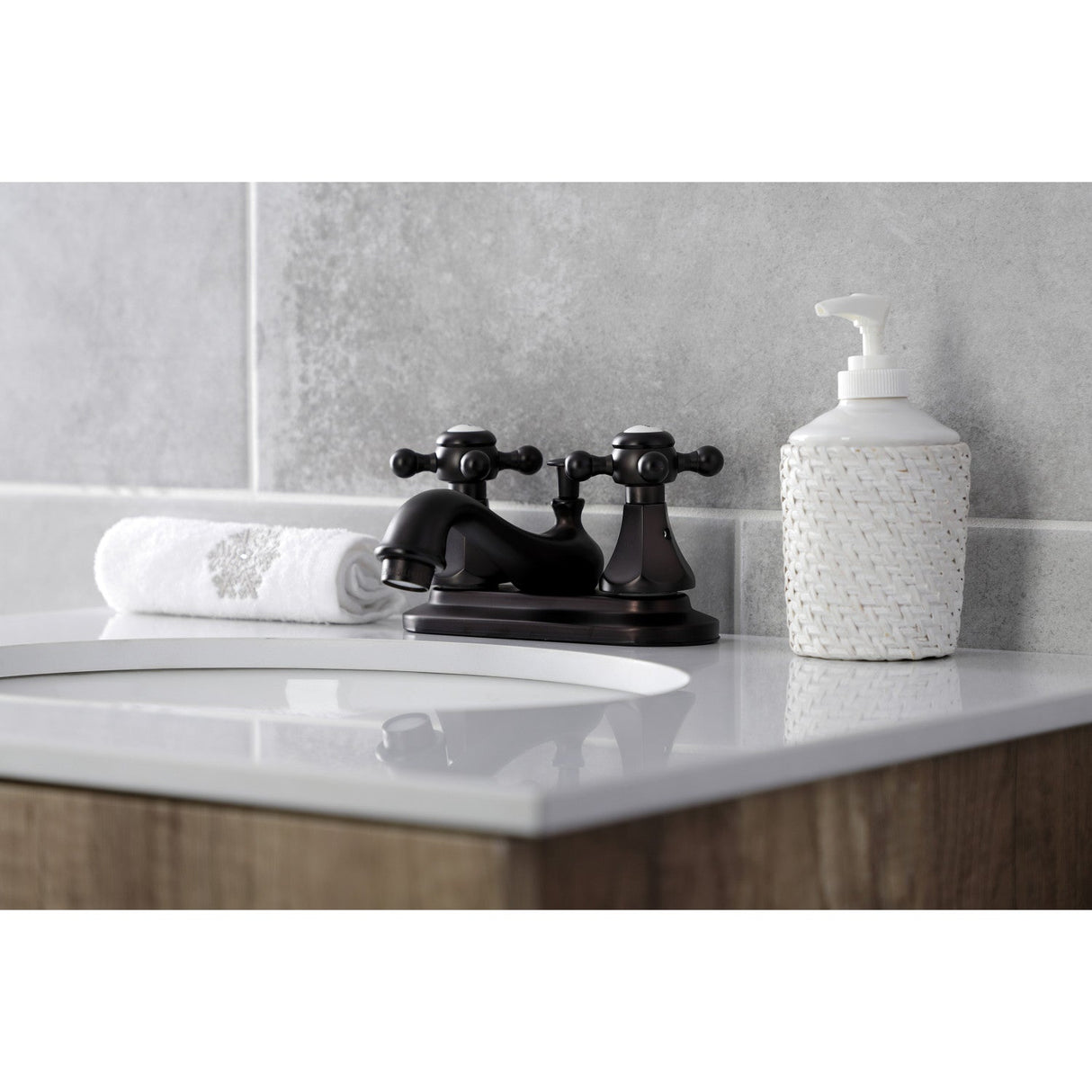 Metropolitan KB605BX Two-Handle 3-Hole Deck Mount 4" Centerset Bathroom Faucet with Plastic Pop-Up, Oil Rubbed Bronze