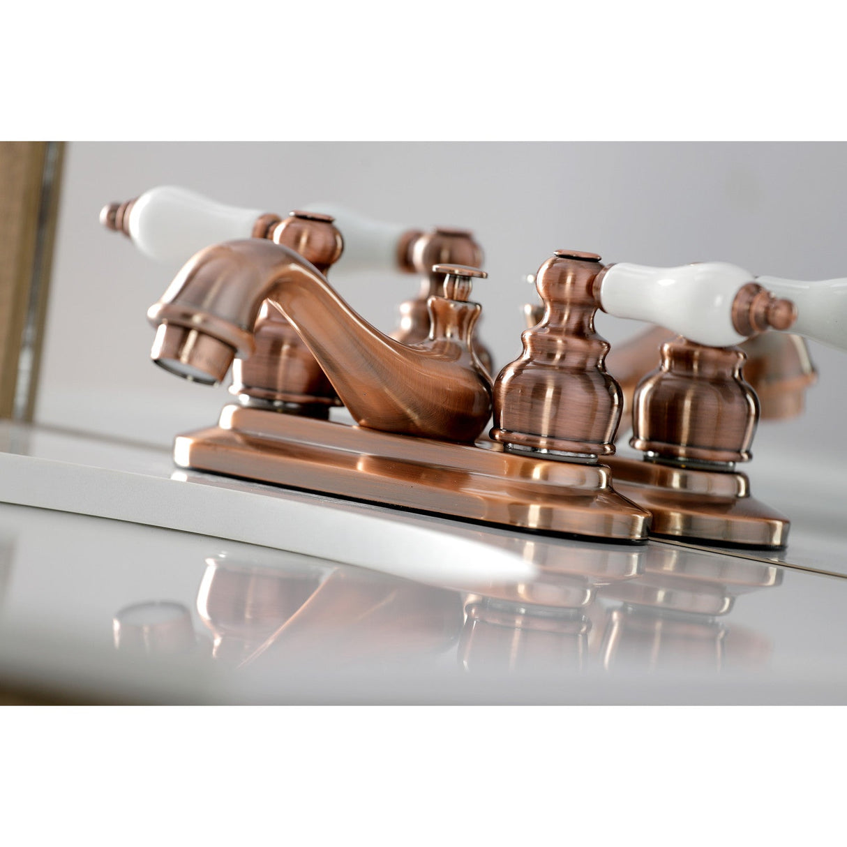 Restoration KB606PL Two-Handle 3-Hole Deck Mount 4" Centerset Bathroom Faucet with Plastic Pop-Up, Antique Copper