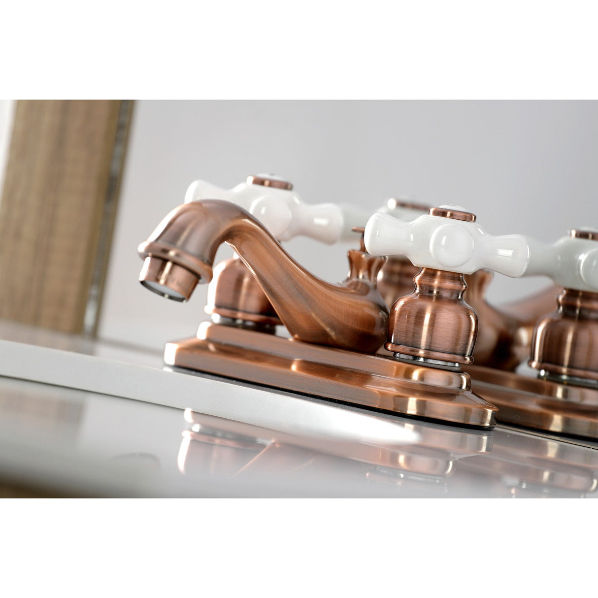 Restoration KB606PX Two-Handle 3-Hole Deck Mount 4" Centerset Bathroom Faucet with Plastic Pop-Up, Antique Copper