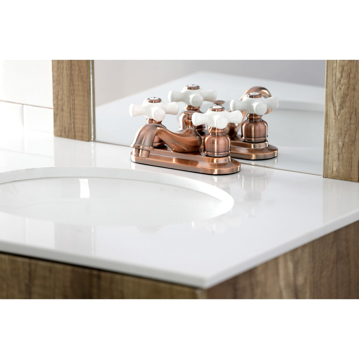 Restoration KB606PX Two-Handle 3-Hole Deck Mount 4" Centerset Bathroom Faucet with Plastic Pop-Up, Antique Copper