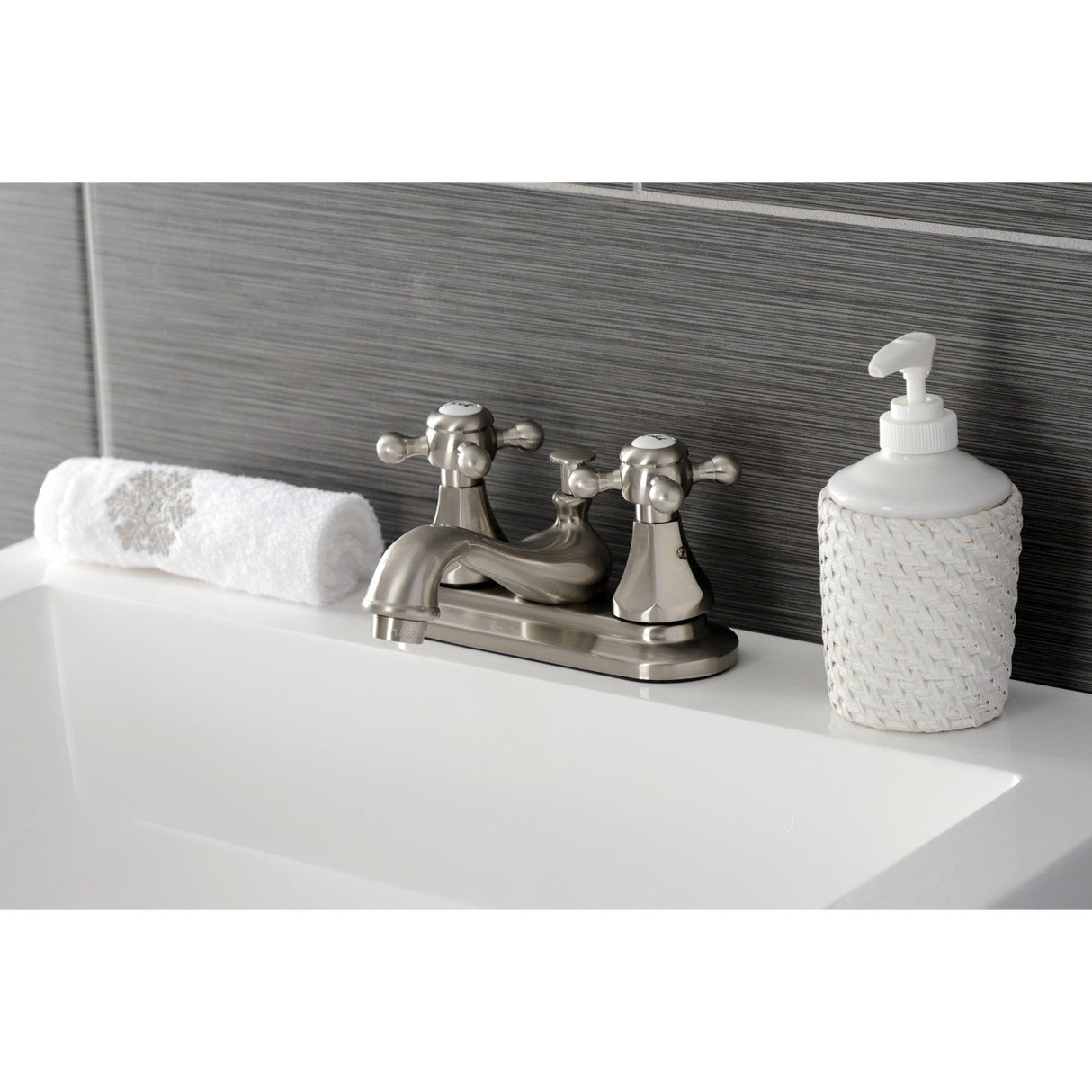 Metropolitan KB608BX Two-Handle 3-Hole Deck Mount 4" Centerset Bathroom Faucet with Plastic Pop-Up, Brushed Nickel