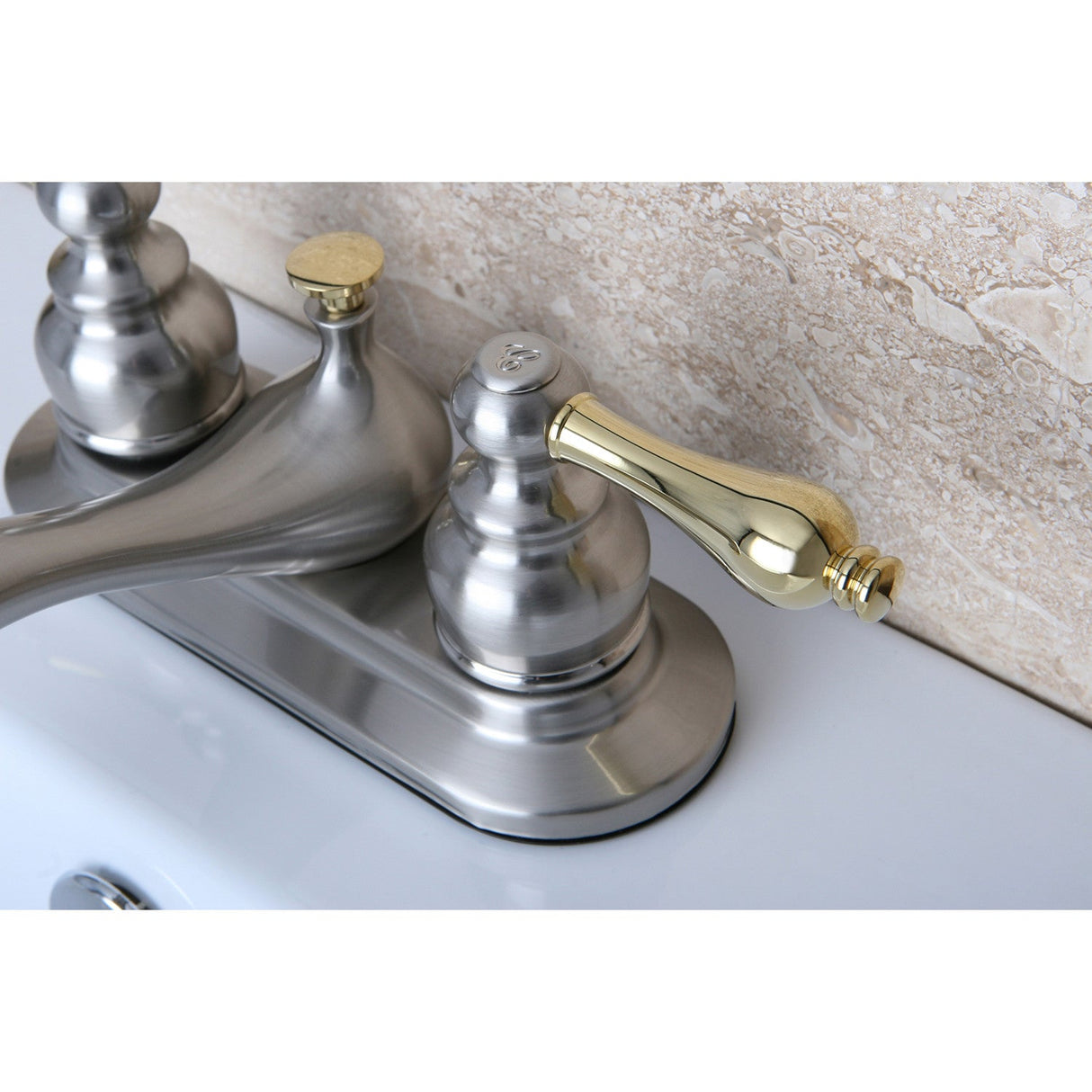 Restoration KB609AL Two-Handle 3-Hole Deck Mount 4" Centerset Bathroom Faucet with Plastic Pop-Up, Brushed Nickel/Polished Brass