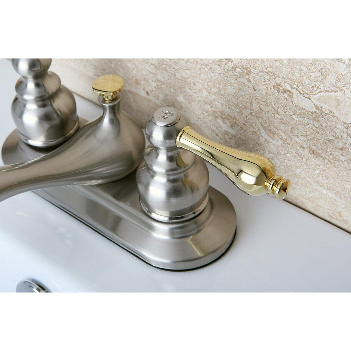 Restoration KB609AL Two-Handle 3-Hole Deck Mount 4" Centerset Bathroom Faucet with Plastic Pop-Up, Brushed Nickel/Polished Brass