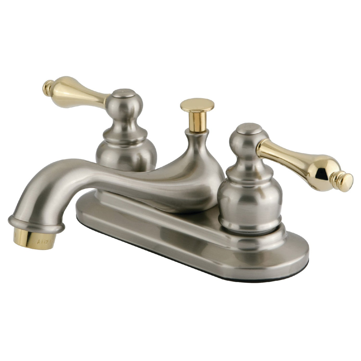 Restoration KB609AL Two-Handle 3-Hole Deck Mount 4" Centerset Bathroom Faucet with Plastic Pop-Up, Brushed Nickel/Polished Brass