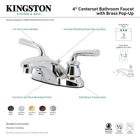 Restoration KB621RXLB Two-Handle 3-Hole Deck Mount 4" Centerset Bathroom Faucet with Brass Pop-Up, Polished Chrome