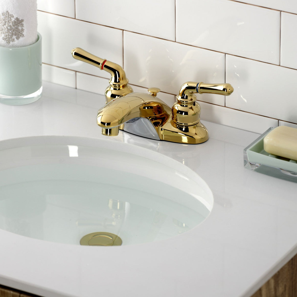 Magellan KB622B Two-Handle 3-Hole Deck Mount 4" Centerset Bathroom Faucet with Brass Pop-Up, Polished Brass