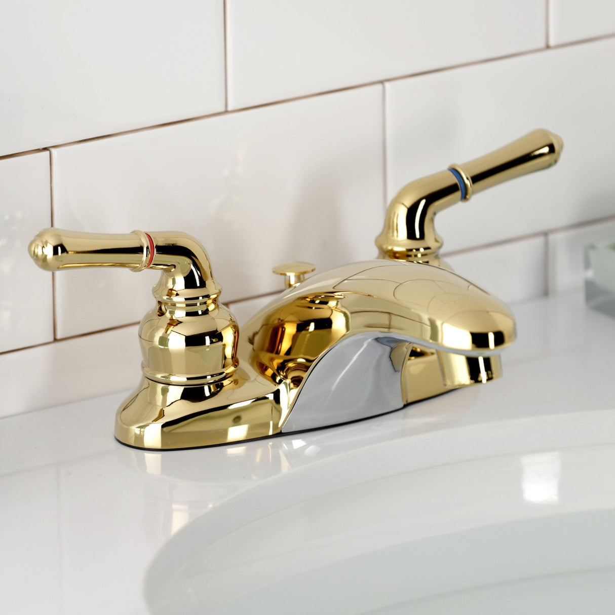 Magellan KB622B Two-Handle 3-Hole Deck Mount 4" Centerset Bathroom Faucet with Brass Pop-Up, Polished Brass