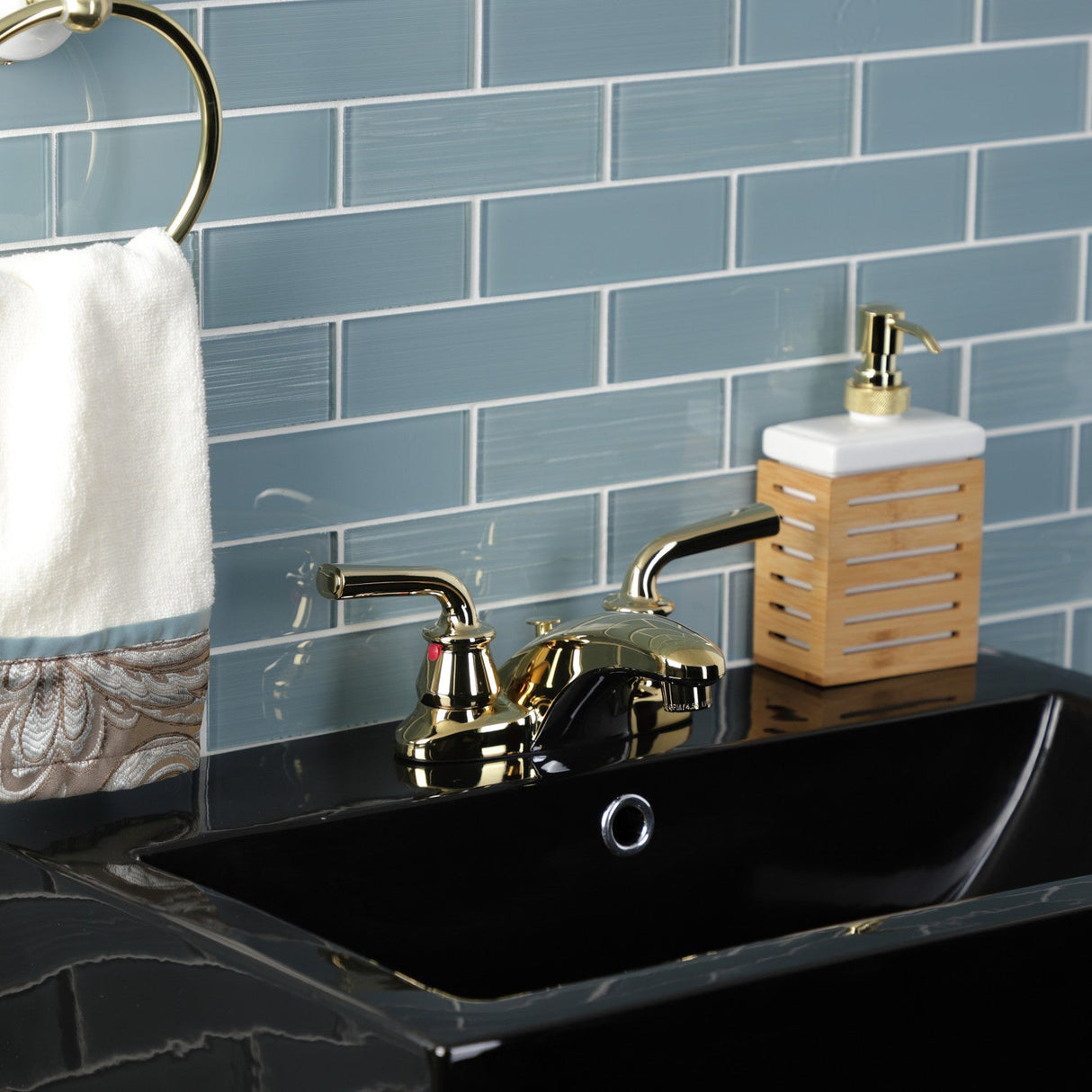 Restoration KB622RXLB Two-Handle 3-Hole Deck Mount 4" Centerset Bathroom Faucet with Brass Pop-Up, Polished Brass