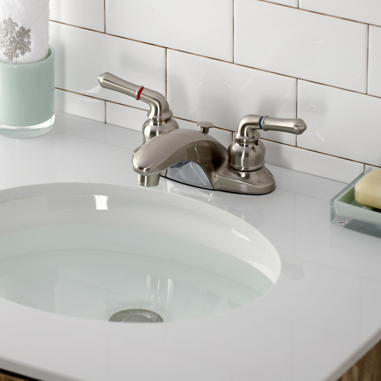 Magellan KB628B Two-Handle 3-Hole Deck Mount 4" Centerset Bathroom Faucet with Plastic Pop-Up, Brushed Nickel