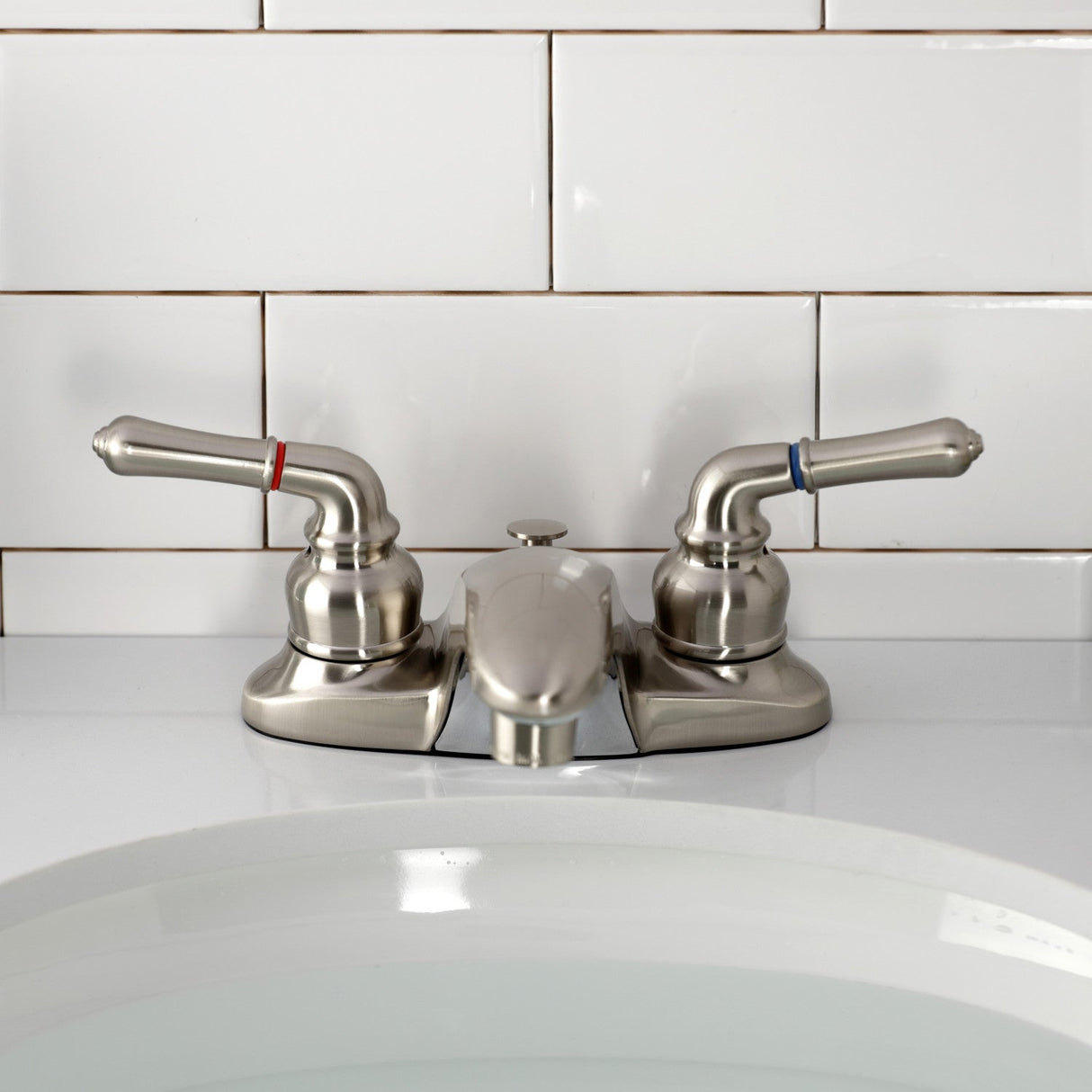 Magellan KB628B Two-Handle 3-Hole Deck Mount 4" Centerset Bathroom Faucet with Plastic Pop-Up, Brushed Nickel