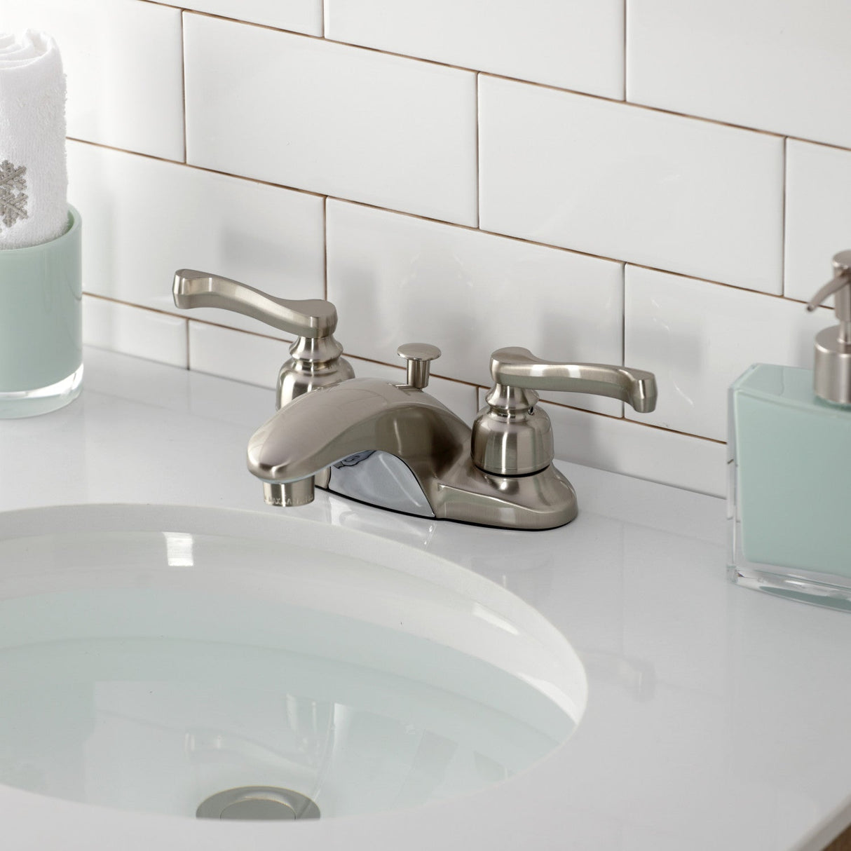 Magellan KB628FL Two-Handle 3-Hole Deck Mount 4" Centerset Bathroom Faucet with Plastic Pop-Up, Brushed Nickel