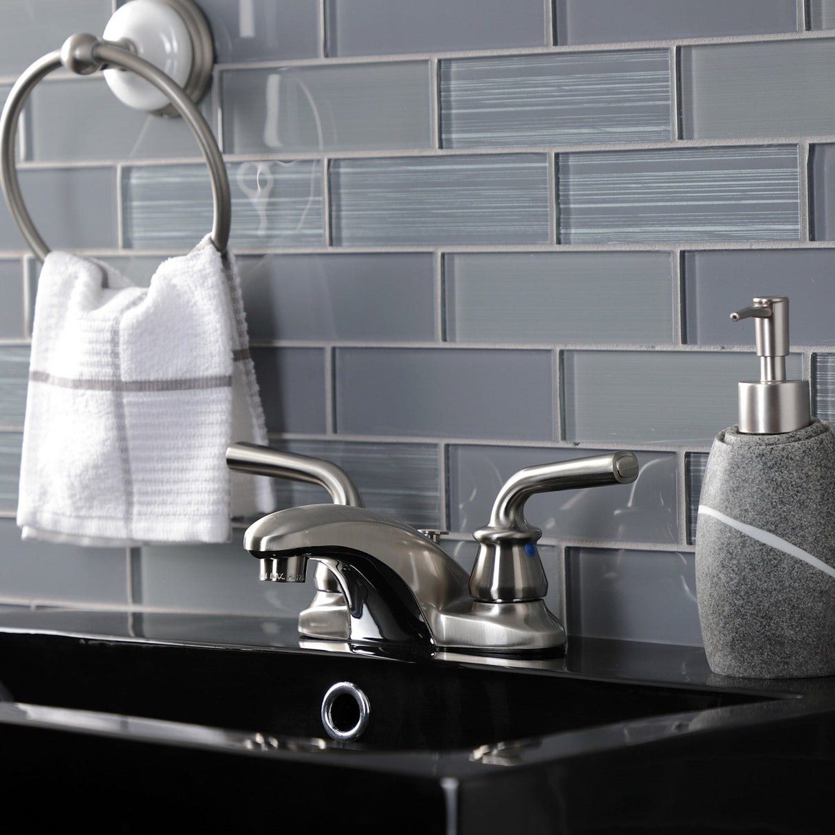 Restoration KB628RXLB Two-Handle 3-Hole Deck Mount 4" Centerset Bathroom Faucet with Brass Pop-Up, Brushed Nickel