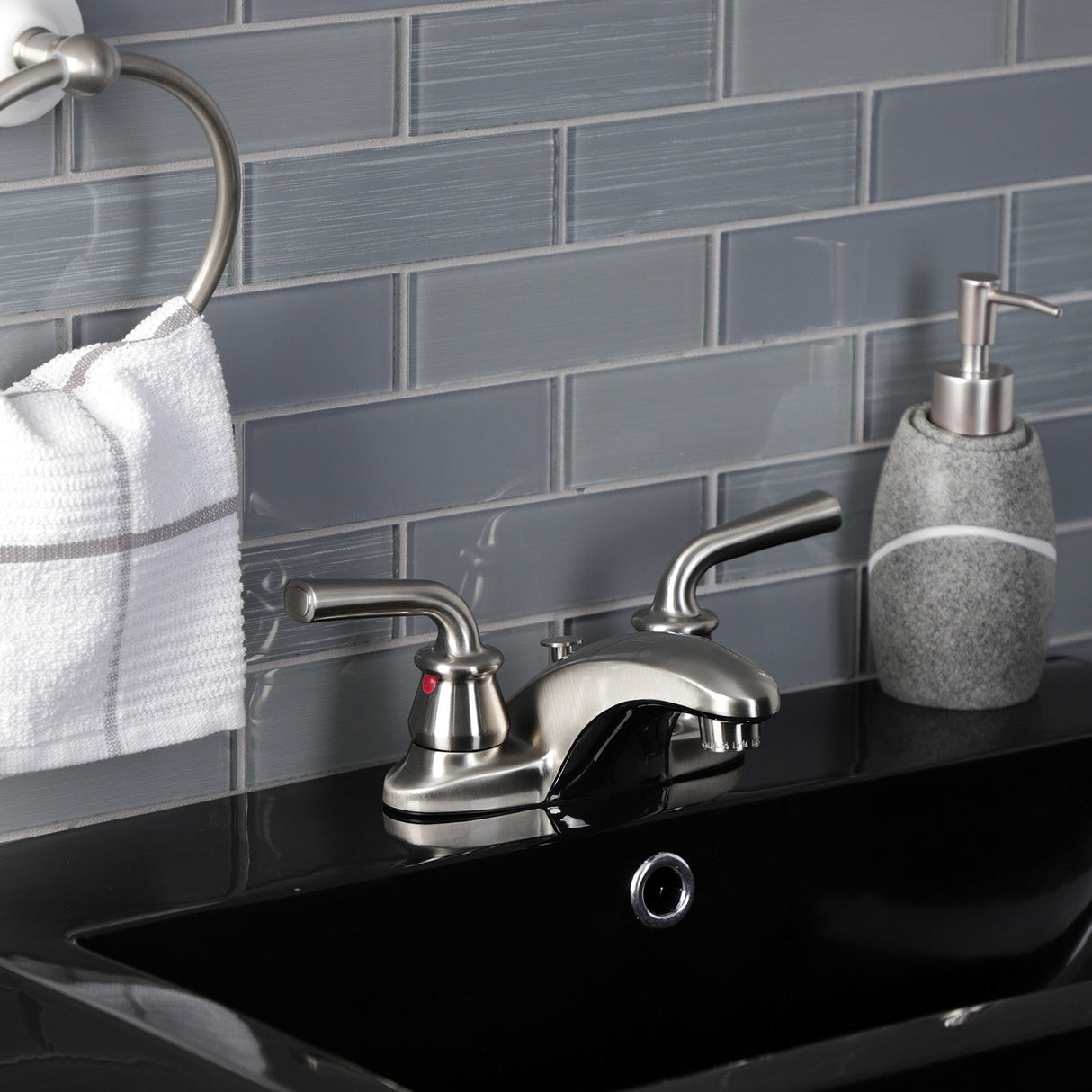 Restoration KB628RXLB Two-Handle 3-Hole Deck Mount 4" Centerset Bathroom Faucet with Brass Pop-Up, Brushed Nickel