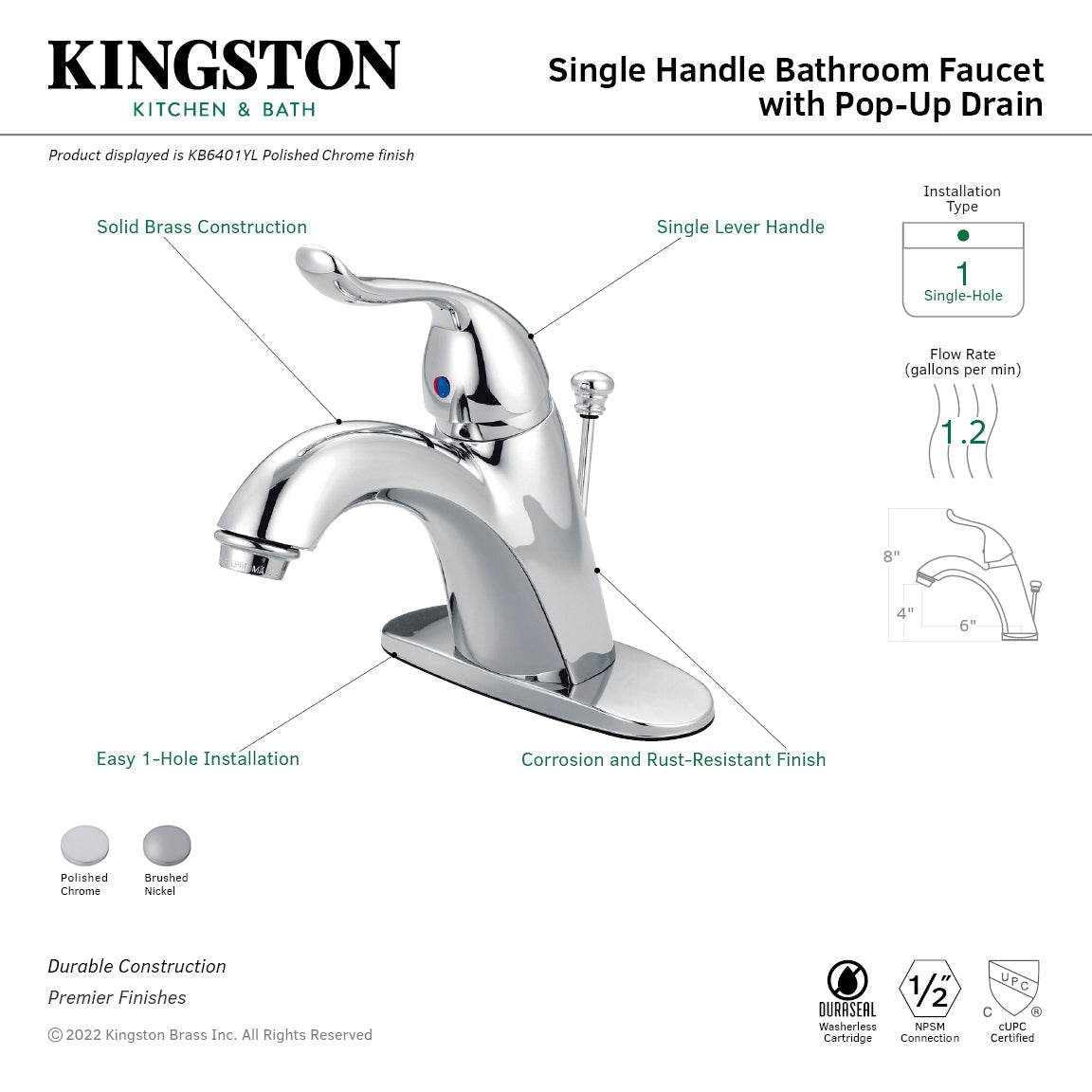 Yosemite KB6401YL Single-Handle 1-Hole Deck Mount Bathroom Faucet with Plastic Pop-Up, Polished Chrome
