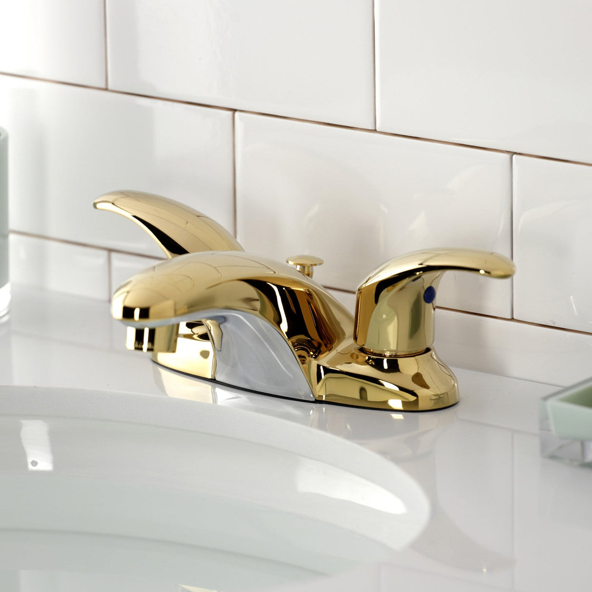 Legacy KB6622LL Two-Handle 3-Hole Deck Mount 4" Centerset Bathroom Faucet with Plastic Pop-Up, Polished Brass