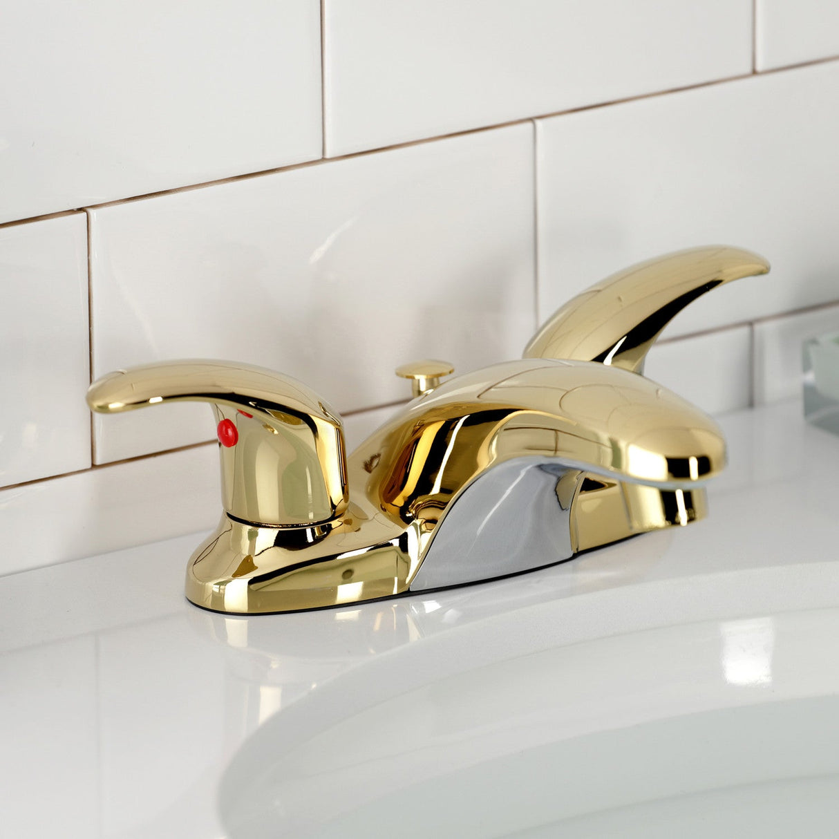 Legacy KB6622LL Two-Handle 3-Hole Deck Mount 4" Centerset Bathroom Faucet with Plastic Pop-Up, Polished Brass