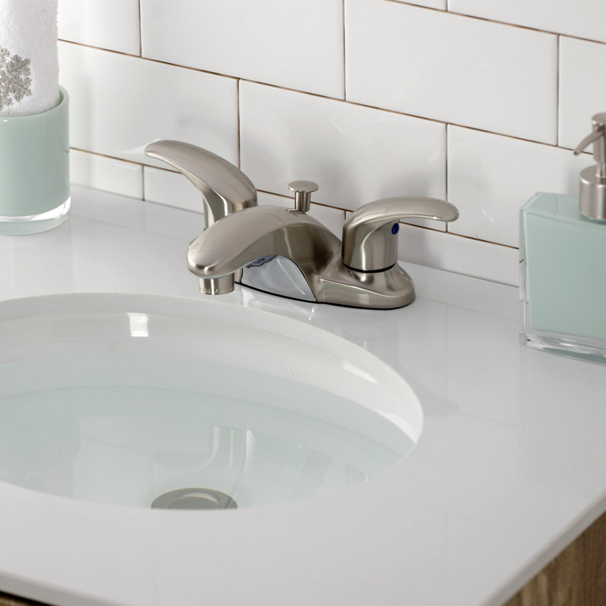 Legacy KB6628LL Two-Handle 3-Hole Deck Mount 4" Centerset Bathroom Faucet with Plastic Pop-Up, Brushed Nickel