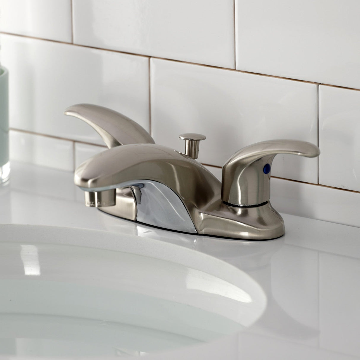 Legacy KB6628LL Two-Handle 3-Hole Deck Mount 4" Centerset Bathroom Faucet with Plastic Pop-Up, Brushed Nickel