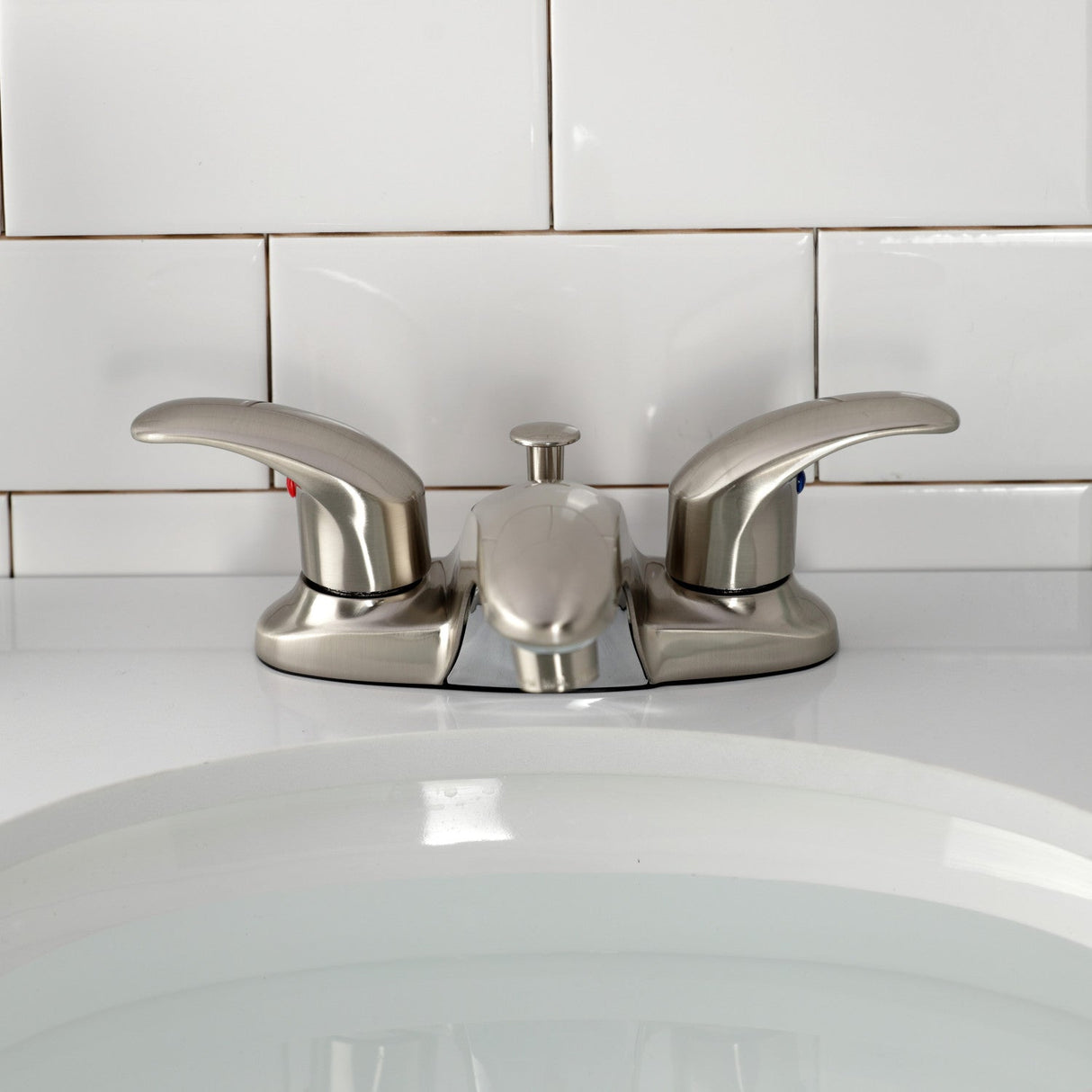 Legacy KB6628LL Two-Handle 3-Hole Deck Mount 4" Centerset Bathroom Faucet with Plastic Pop-Up, Brushed Nickel