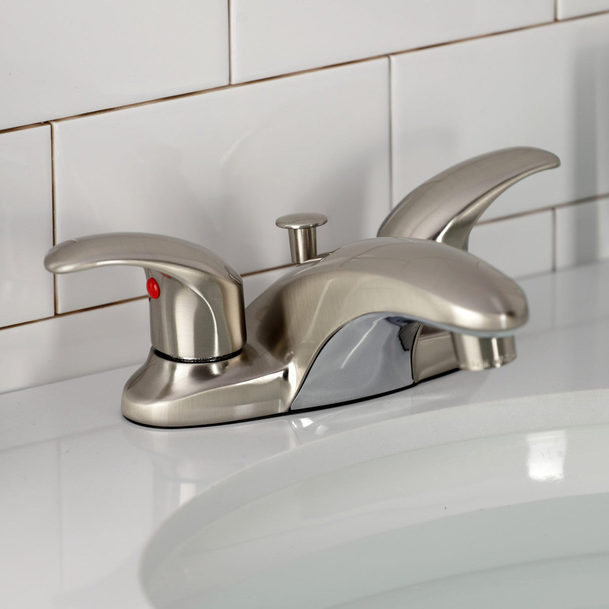 Legacy KB6628LL Two-Handle 3-Hole Deck Mount 4" Centerset Bathroom Faucet with Plastic Pop-Up, Brushed Nickel