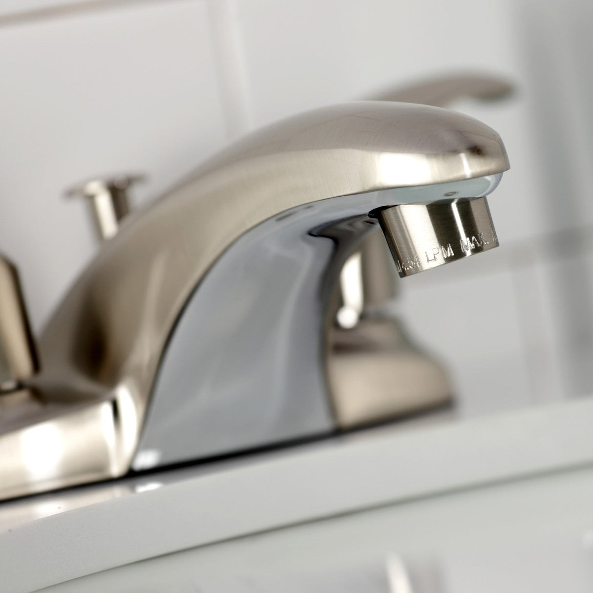 Legacy KB6628LL Two-Handle 3-Hole Deck Mount 4" Centerset Bathroom Faucet with Plastic Pop-Up, Brushed Nickel