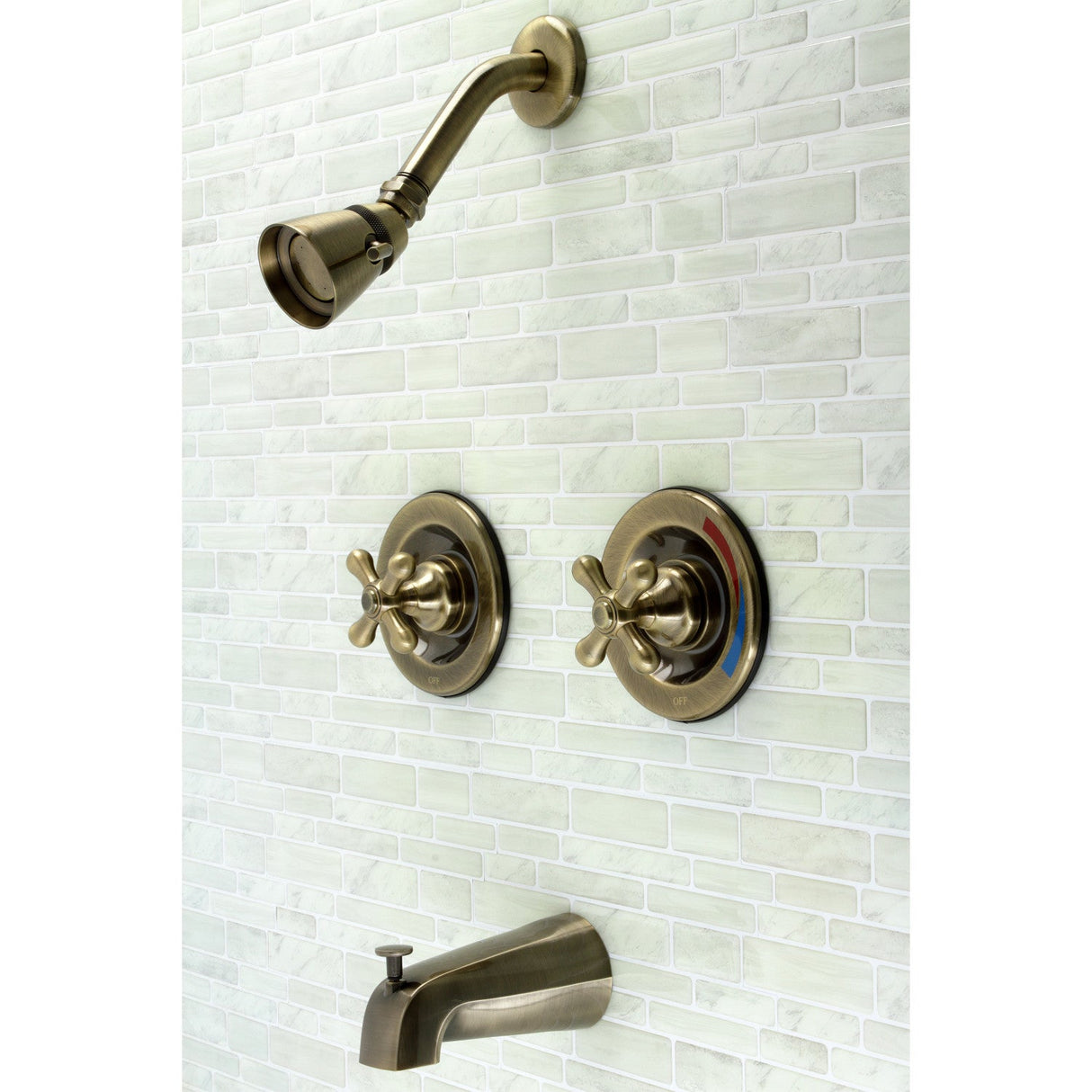 Vintage KB663AX Two-Handle 4-Hole Wall Mount Tub and Shower Faucet, Antique Brass