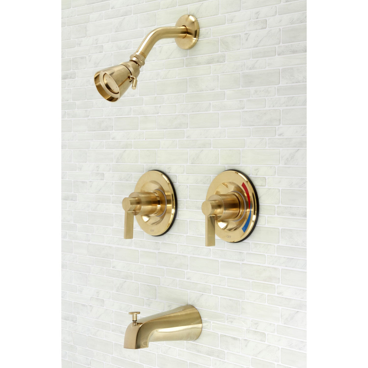 NuvoFusion KB667NDL Two-Handle Wall Mount Tub and Shower Faucet, Brushed Brass