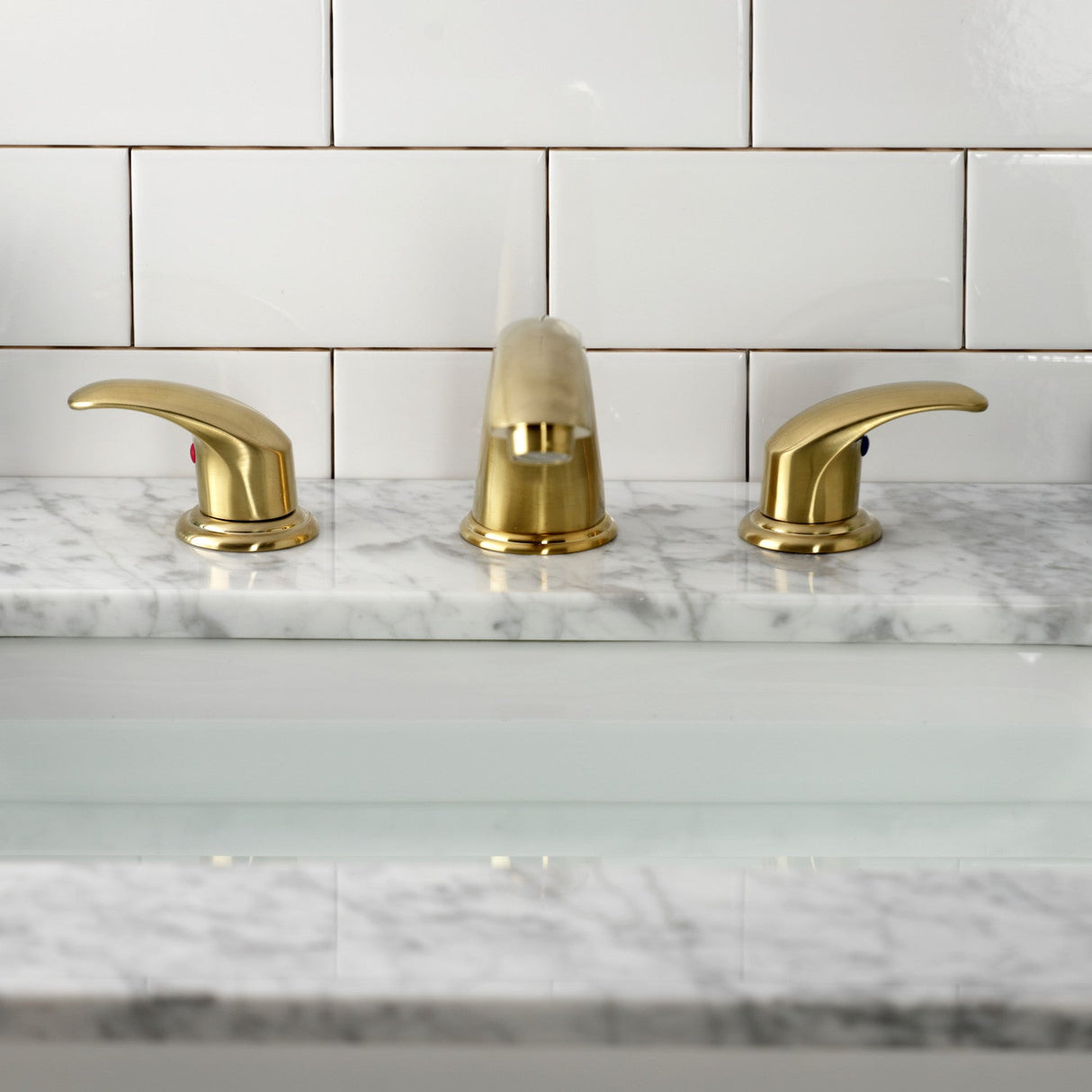 Legacy KB6967LL Two-Handle 3-Hole Deck Mount Widespread Bathroom Faucet with Plastic Pop-Up, Brushed Brass