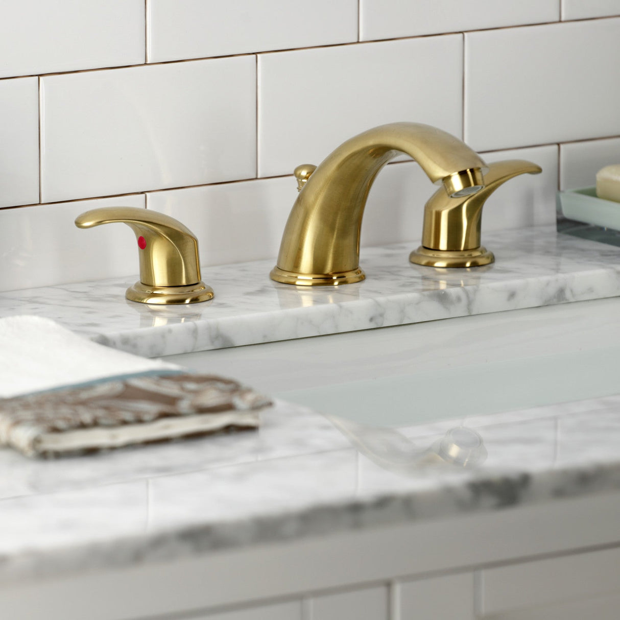 Legacy KB6967LL Two-Handle 3-Hole Deck Mount Widespread Bathroom Faucet with Plastic Pop-Up, Brushed Brass