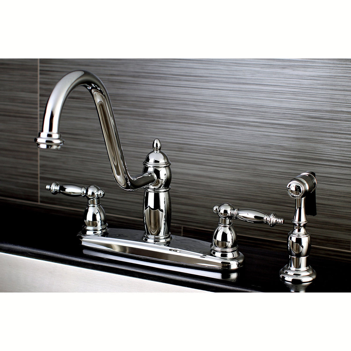 Templeton KB7111TLBS Two-Handle 4-Hole Deck Mount 8" Centerset Kitchen Faucet with Side Sprayer, Polished Chrome